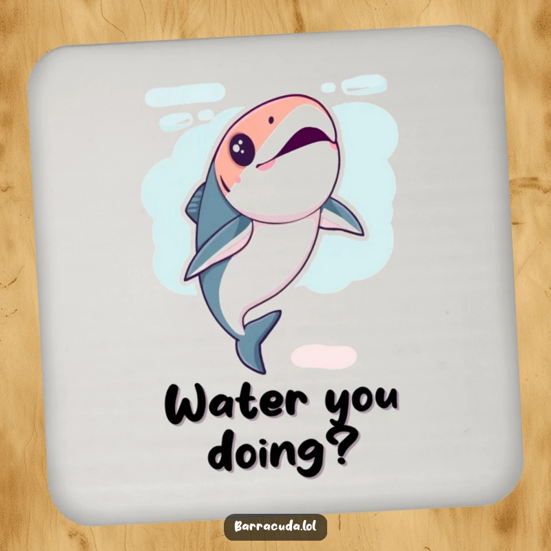 Funny Kawaii Barracuda Coaster showing a fish doing a playful underwater flip, perfect for protecting surfaces.