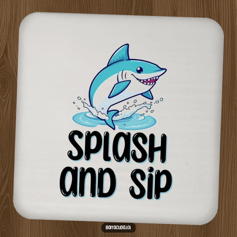 Funny kawaii barracuda splashing in water, set of humorous drink coasters for protection.