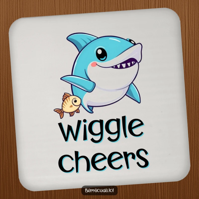 Funny Kawaii Barracuda Coaster: a cute barracuda does a victory wiggle after catching a fish, perfect for celebrating sips.