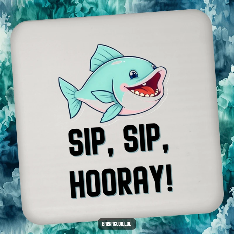 Funny fish coaster featuring a sleek swimmer with a wide, toothy grin, swimming with glee, protecting surfaces stylishly.