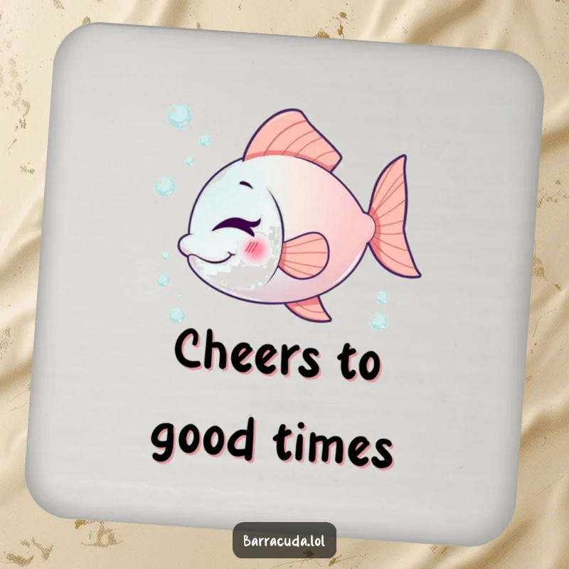 Funny fish coaster with a playful fish winking, surrounded by tiny bubbles, adding a whimsical touch to tabletops.