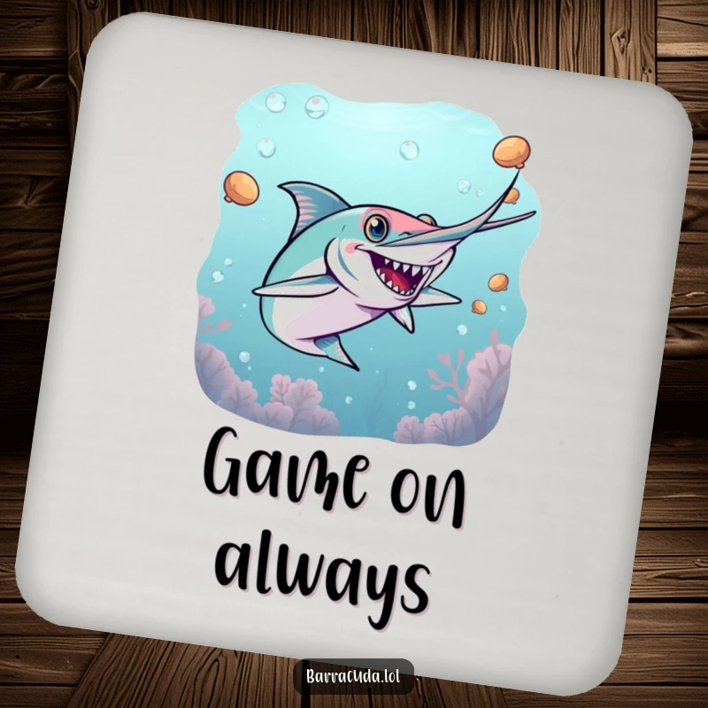 Funny barracuda drink coaster with an energetic barracuda playing a game of underwater tag, protecting surfaces with humor.