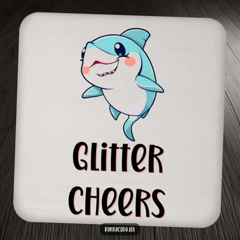 Funny Kawaii Barracuda Coaster: a cute barracuda winks with a glitter trail, protecting surfaces with ocean magic.