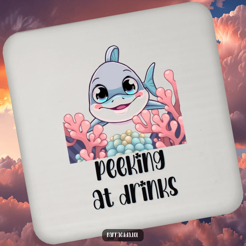 Funny barracuda drink coaster of a curious fish peeking from coral, offering surface protection with aquatic mystery.