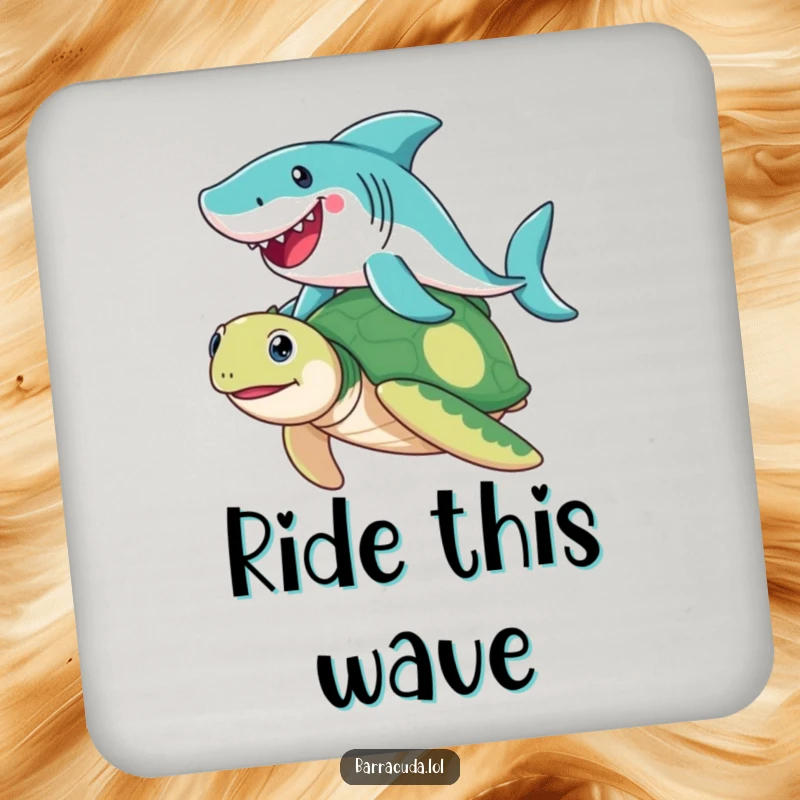 Funny Barracuda drink coaster featuring a joyful barracuda riding a friendly sea turtle, protecting surfaces with a humorous and aquatic touch.