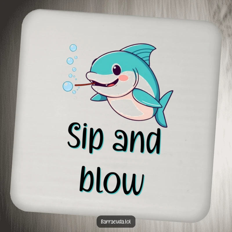Funny barracuda drink coaster with an amused barracuda blowing a stream of water bubbles, protecting furniture with humor.