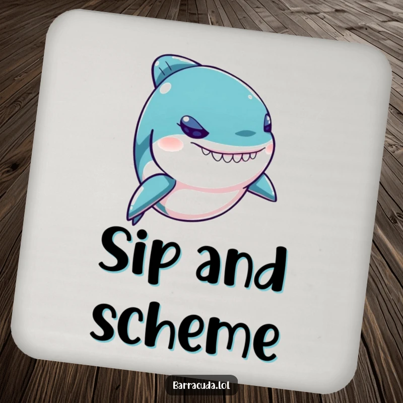 Funny Kawaii Barracuda Coaster featuring a mischievous fish with a twinkling eye, protecting surfaces with playful humor.