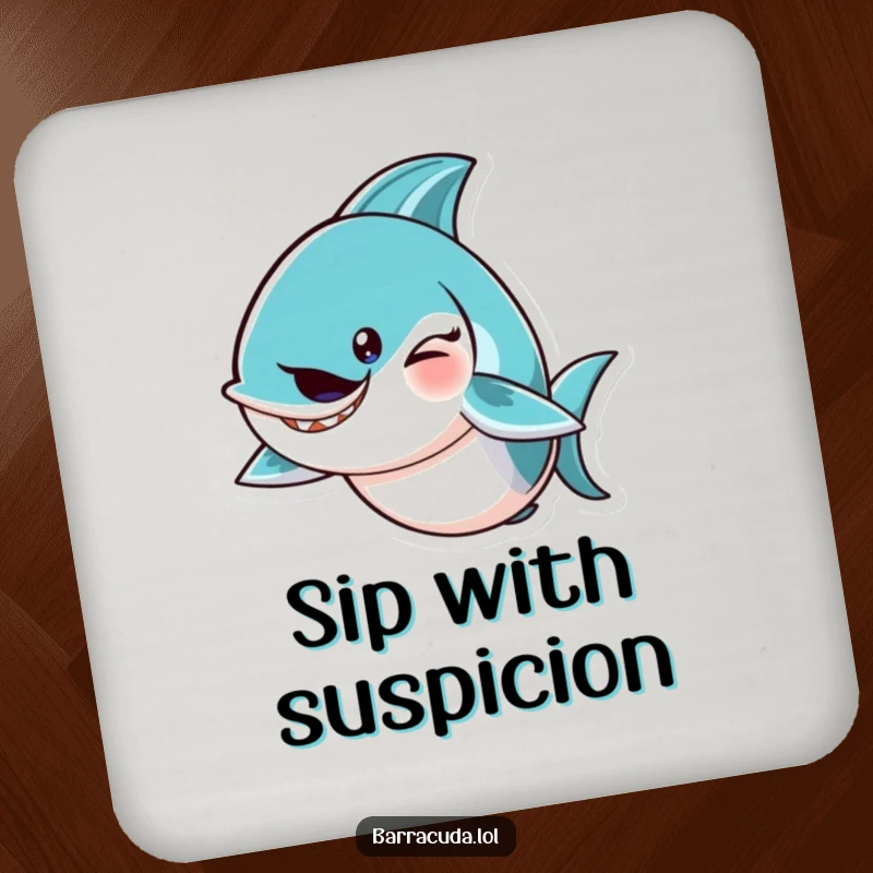 Funny barracuda character winking with a mischievous tail flick on a humorous drink coaster.