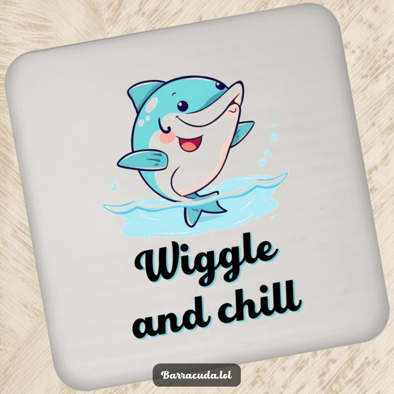 Funny kawaii barracuda doing a happy wiggle dance, humorous drink coasters.