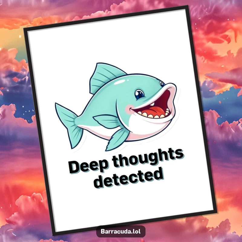 Funny fish poster depicting a sleek swimmer with a wide, toothy grin, radiating pure glee and aquatic happiness.