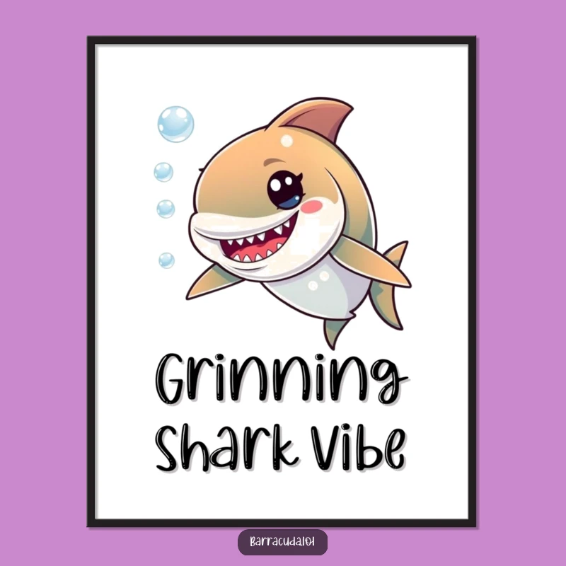 Funny Barracuda Poster: Mischievous Grin Chasing Bubbles, Whimsical Humorous Wall Art Gift