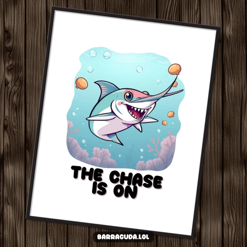 Funny barracuda poster art of an energetic barracuda playing a game of underwater tag, bringing action to walls.