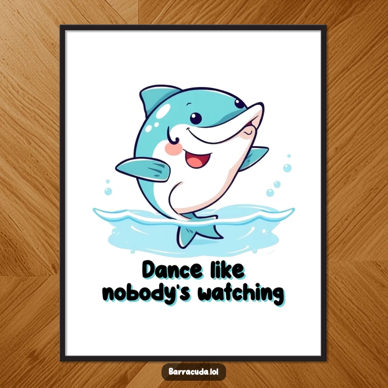 Funny kawaii barracuda doing a happy wiggle dance underwater, vibrant and humorous poster.