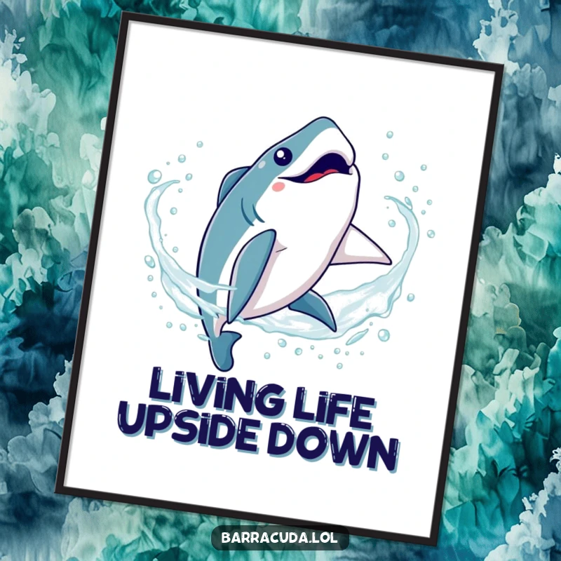 Funny Kawaii Barracuda Poster: Art print depicting a cute fish performing a silly somersault flip in sparkling, clear water.