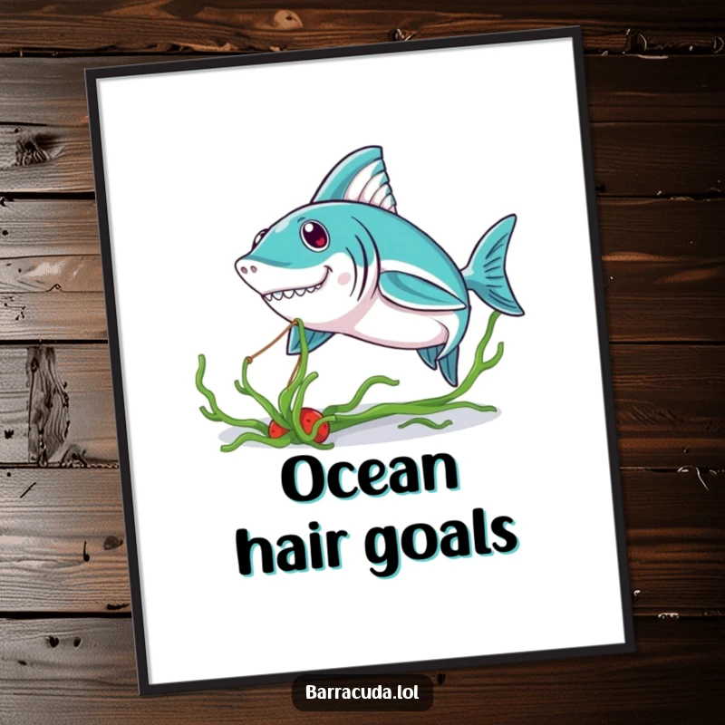 Funny Kawaii Barracuda Poster: a delightful barracuda playfully tugging seaweed, adding a touch of cute ocean humor to decor.