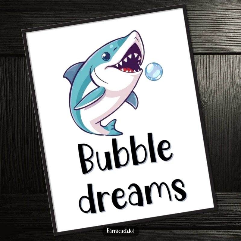 Funny barracuda poster showing a fish playfully chasing a tiny, sparkling bubble, creating whimsical and humorous wall decor.