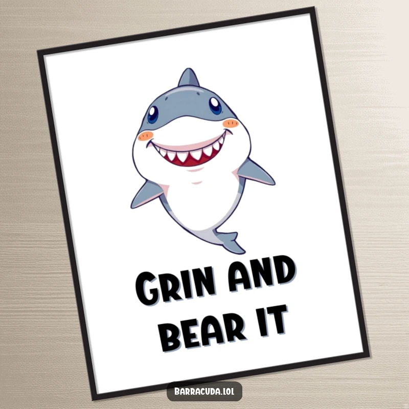 Funny Kawaii Barracuda Poster: A charming illustration of a fish with a single, large goofy tooth, grinning widely with pure delight.