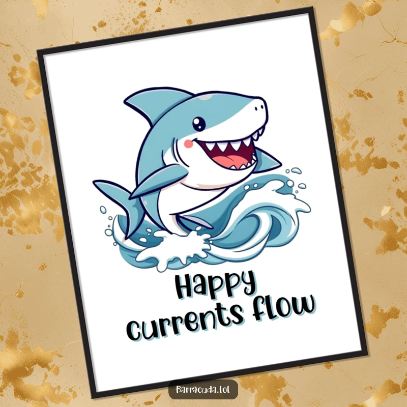 Funny kawaii barracuda character zipping happily through stylized waves, creating a cute and humorous art print.