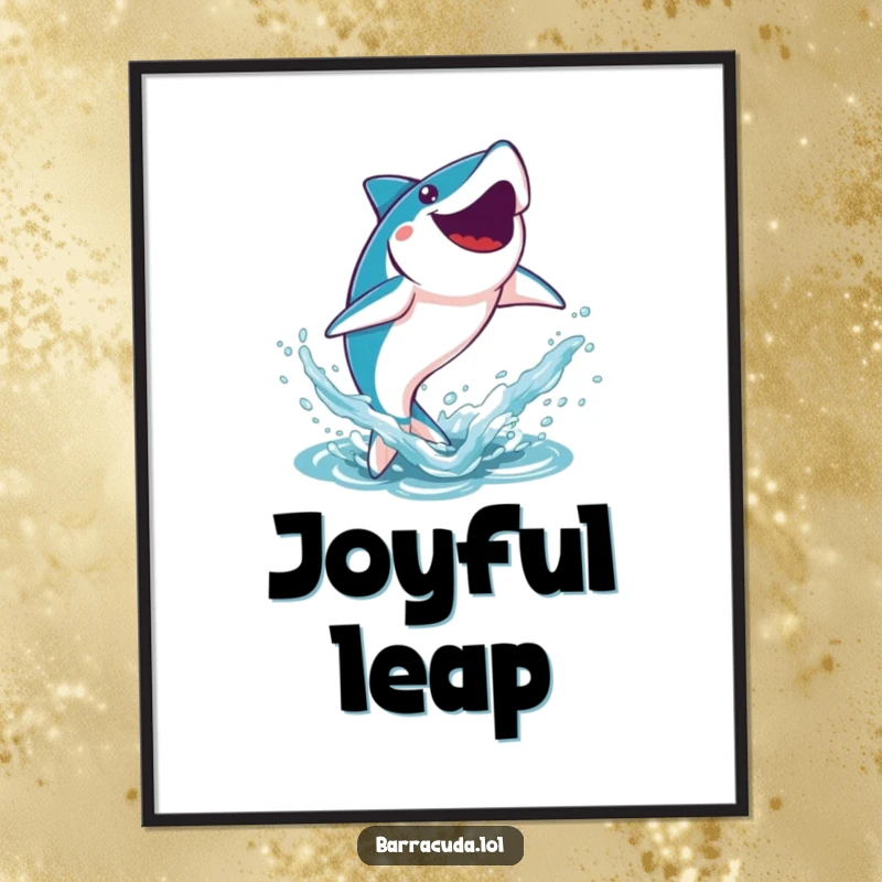 Funny Kawaii Barracuda Poster: a cute barracuda leaping joyfully out of the water, creating a splash of vibrant art.