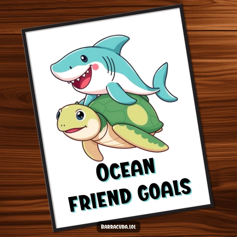 Funny Barracuda poster depicting a happy barracuda joyfully riding a friendly sea turtle, a vibrant and humorous underwater wall art.