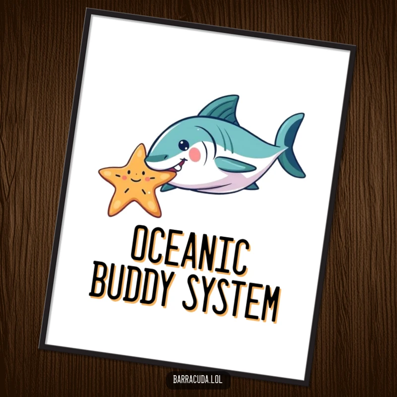 Funny Barracuda poster featuring a playful barracuda gently nudging a floating starfish, a humorous and heartwarming piece of wall art.