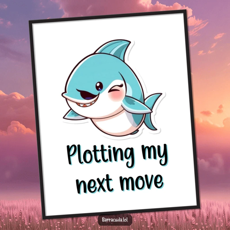 Funny barracuda character giving a mischievous wink and a tail flick, perfect for a humorous and eye-catching poster.