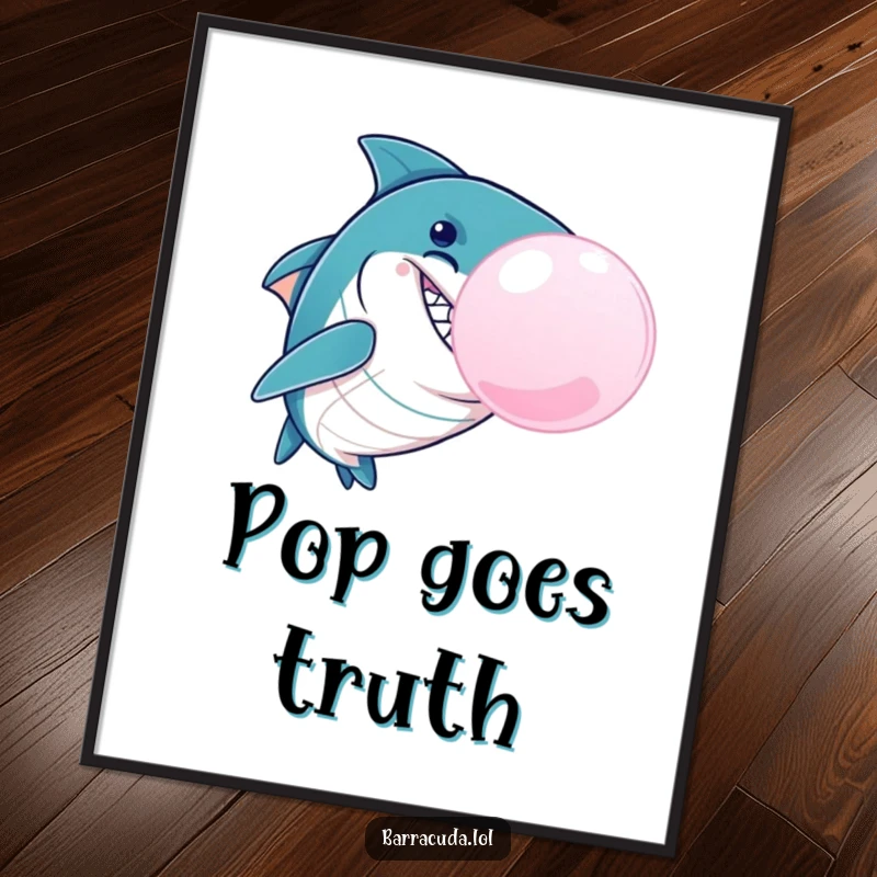 Funny Barracuda Bubble Poster, a mischievous barracuda with a wide grin blowing a giant bubblegum bubble, ideal for adding playful aquatic humor to wall decor.