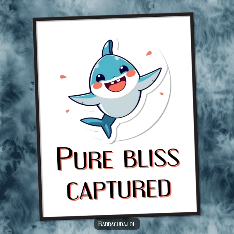 Funny, very happy kawaii barracuda spinning in a circle on a wall art print, a vibrant depiction of pure happiness.