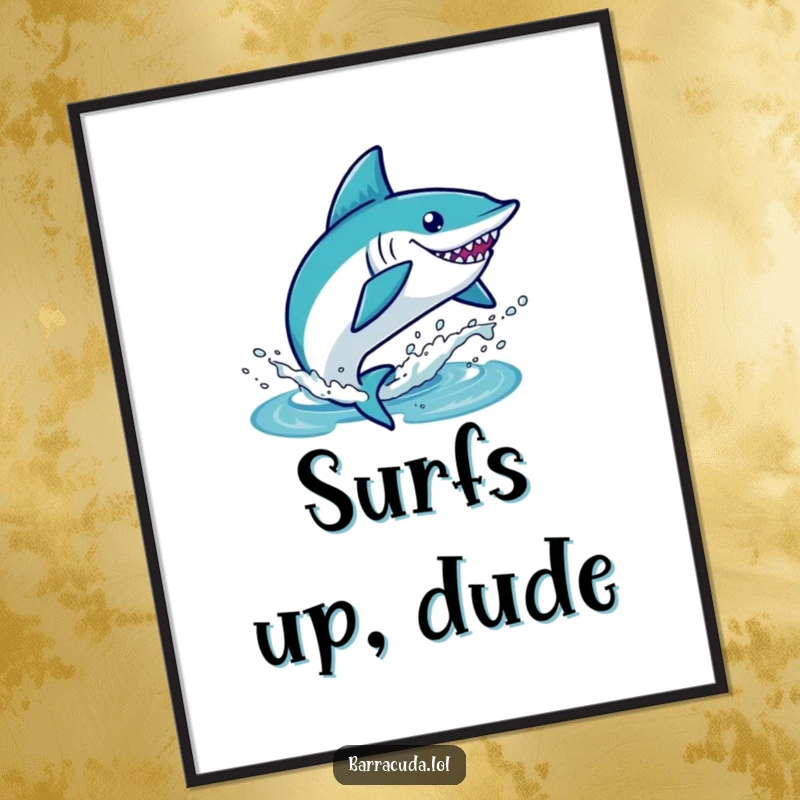 Funny kawaii barracuda leaping dramatically from the water, creating a big splash, vibrant wall art.