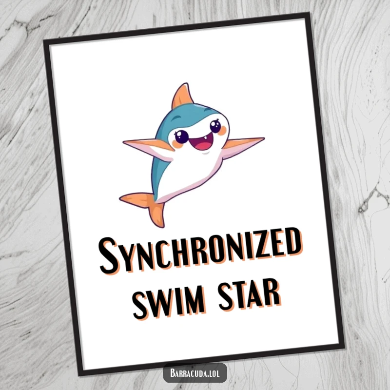 Funny poster of a barracuda executing a stunning synchronized swimming pose with impeccable technique and artistic flair.