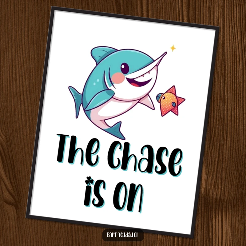 Funny kawaii barracuda gleefully chasing a sparkly fish on a wall art print, capturing a moment of pure, playful excitement.