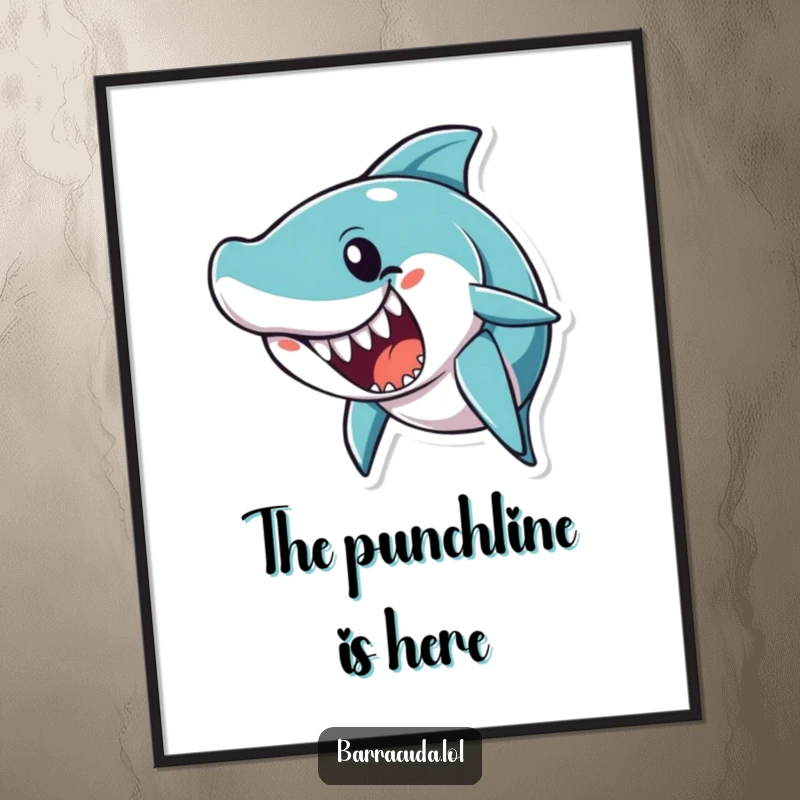 Funny barracuda character with an open mouth, mid-joke, perfect for a humorous and conversation-starting poster.
