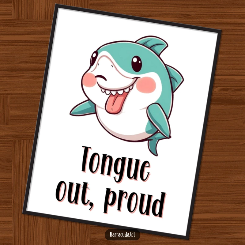 Funny kawaii barracuda making a silly face with its tongue sticking out slightly on a wall art print, a humorous decoration.