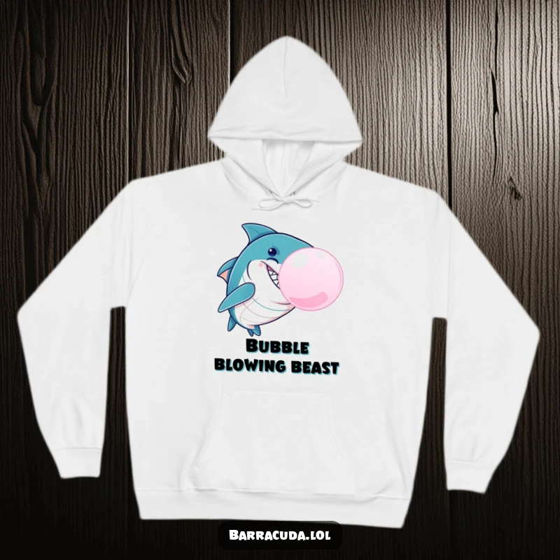 Funny Barracuda Bubble Hoodie, a mischievous barracuda blowing a giant bubblegum bubble, offering warmth and aquatic-themed humor for cozy wear.
