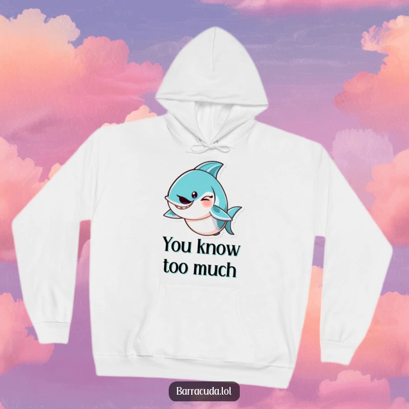 Funny barracuda character with a playful wink and a mischievous tail flick, embodying a humorous and cozy hoodie design.