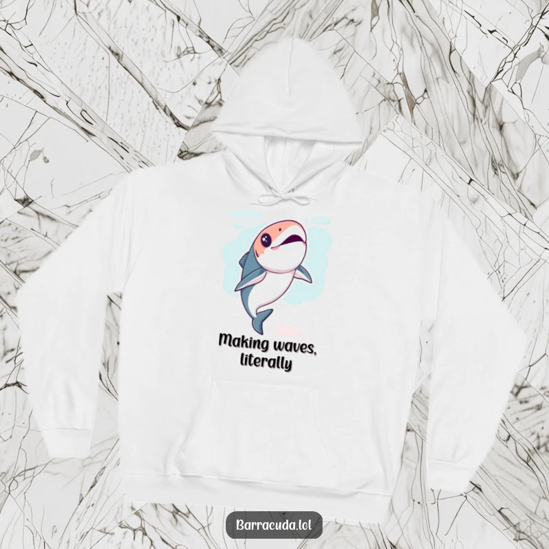 Funny Kawaii Barracuda Hoodie featuring a fish in a playful underwater flip, offering warmth and aquatic cheer.