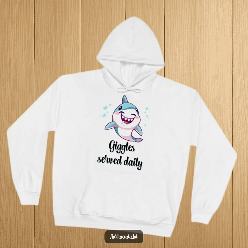 Funny Kawaii Barracuda Hoodie: A comfortable hoodie featuring a cute fish giggling and spitting happy bubbles, perfect for lounging.