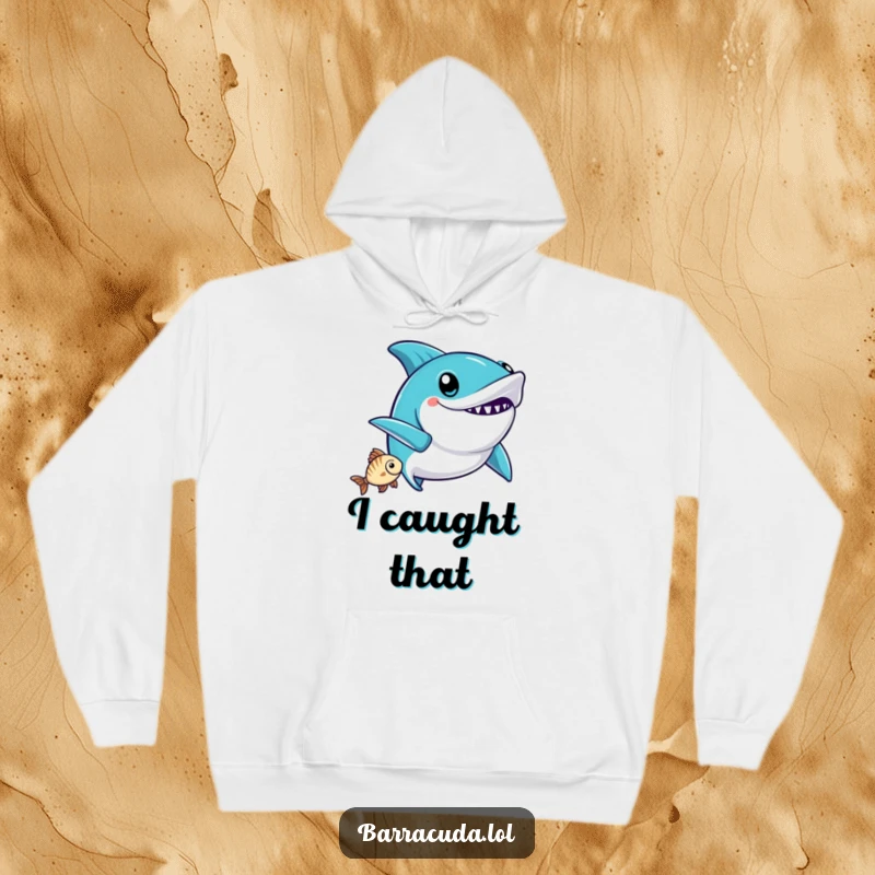 Funny Kawaii Barracuda Hoodie: a cute barracuda does a funny victory wiggle after catching a fish, offering warm celebration.