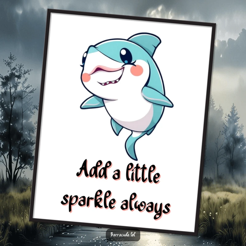Funny Free Printable Wall Art: a kawaii barracuda winking playfully, its tail leaving a shimmering trail of glitter.