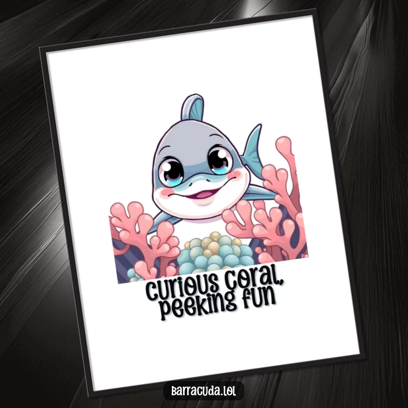 Funny Free Printable Wall Art: A barracuda with large, curious eyes is peeking from behind vibrant coral.