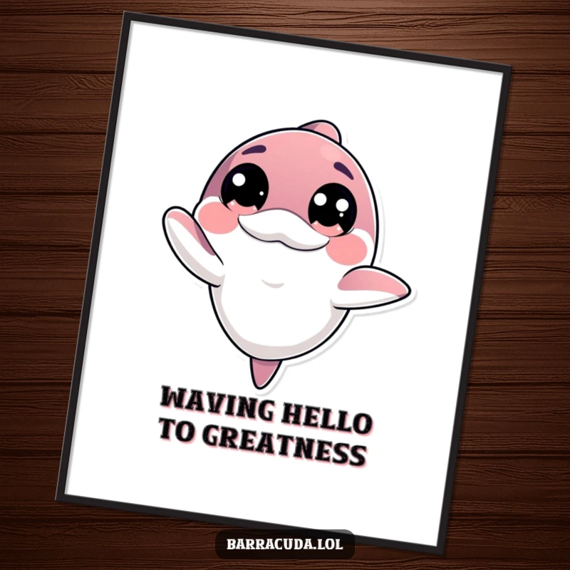 Funny free printable wall art of a kawaii barracuda with big, innocent eyes giving a friendly wave, perfect for cheerful rooms.