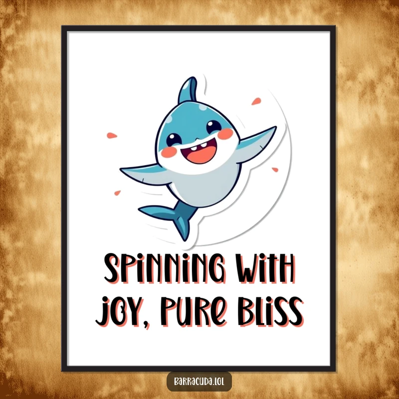 Funny free printable wall art of a very happy kawaii barracuda spinning energetically, radiating pure joy and good vibes, decorative art.