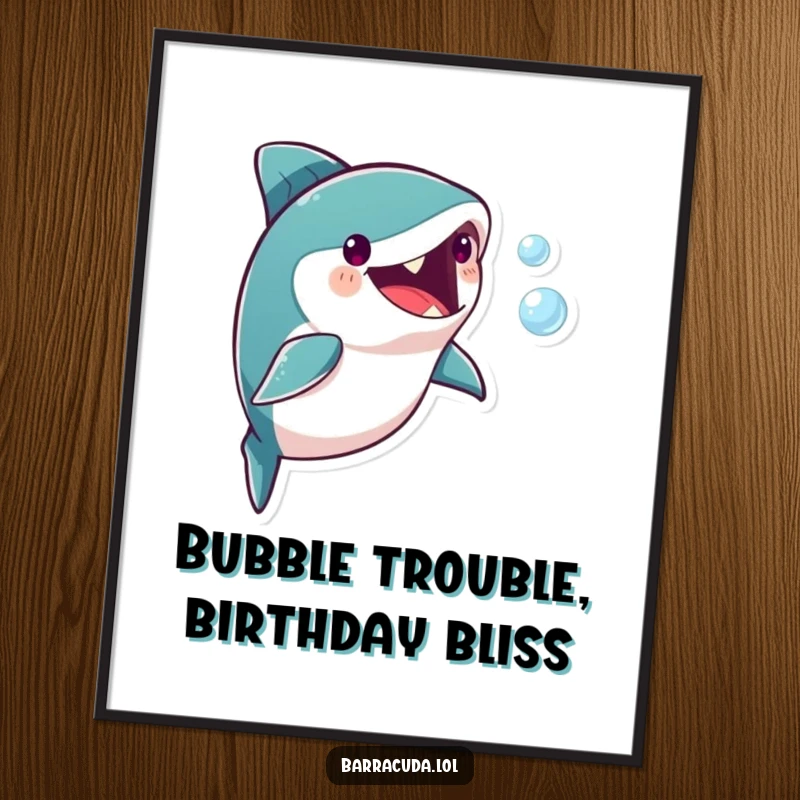 Funny Free Printable Wall Art: A barracuda character playfully pursuing a tiny, shimmering bubble, creating a whimsical scene.