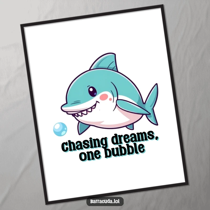 Funny Free Printable Wall Art: A kawaii barracuda joyfully pursues a single, tiny, sparkling bubble.