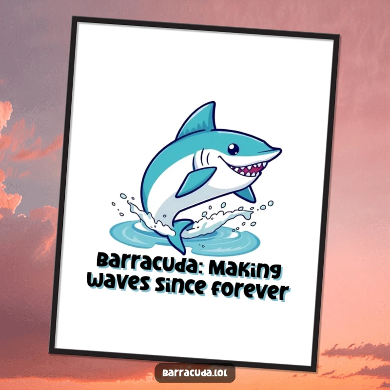 Funny Free Printable Wall Art: Tiny, excited kawaii barracuda mid-splash, exuding pure joy and water.