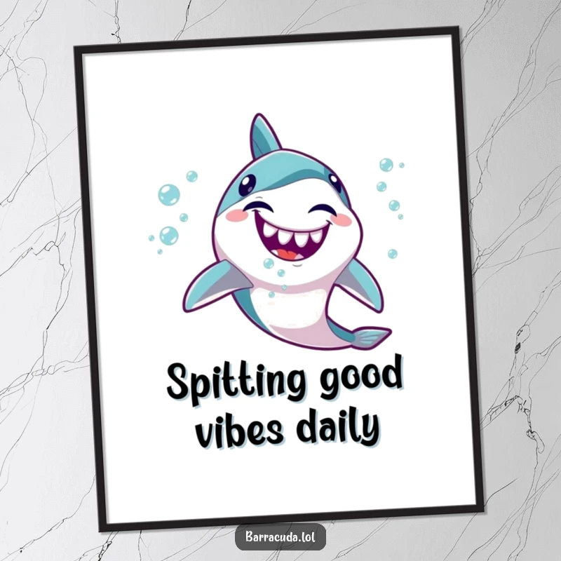 Funny Free Printable Wall Art: A cute barracuda giggles hysterically, spitting out a shimmering stream of tiny, happy bubbles.