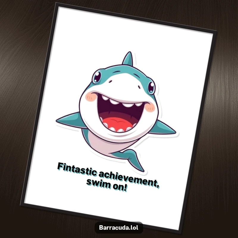 Funny Free Printable Wall Art: A kawaii barracuda with a massive, toothy grin swims forward, making a statement.