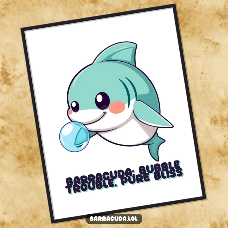 Funny Free Printable Wall Art: Cute kawaii barracuda curiously nudging a small, iridescent bubble.
