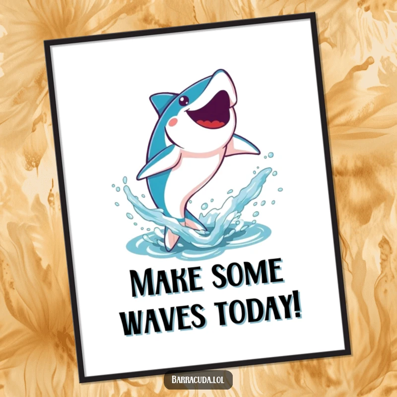 Funny Free Printable Wall Art featuring a kawaii barracuda leaping joyfully out of the water, creating a big splash.
