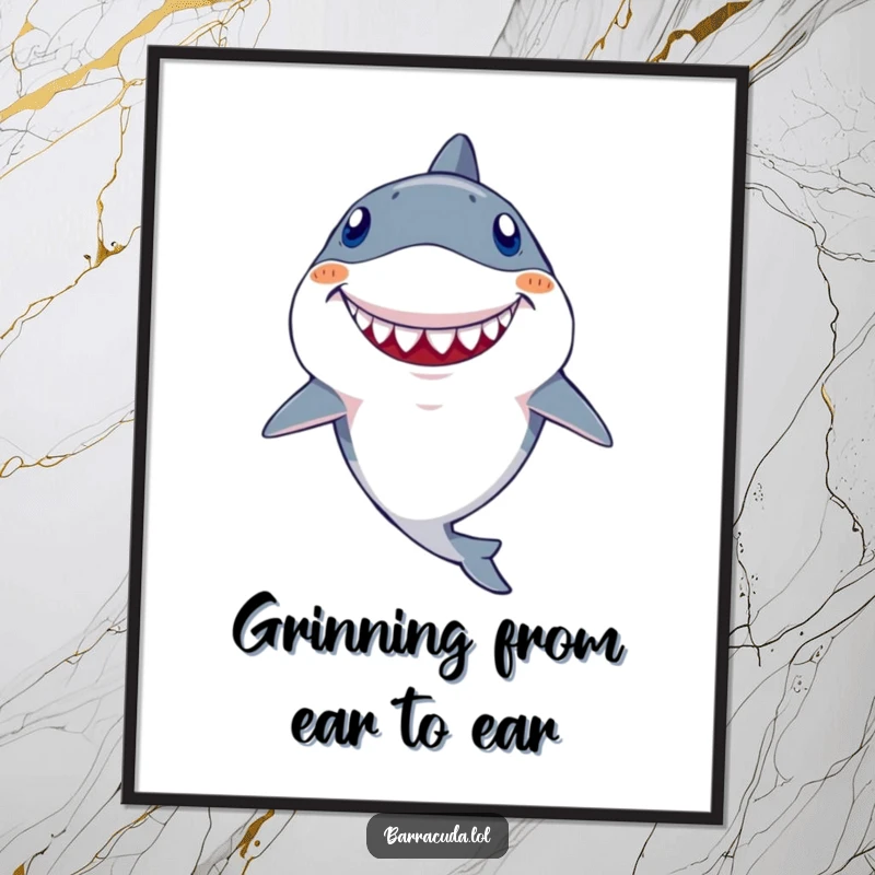 Funny Free Printable Wall Art: A kawaii barracuda with one enormous, goofy tooth flashes a wide, infectious grin.